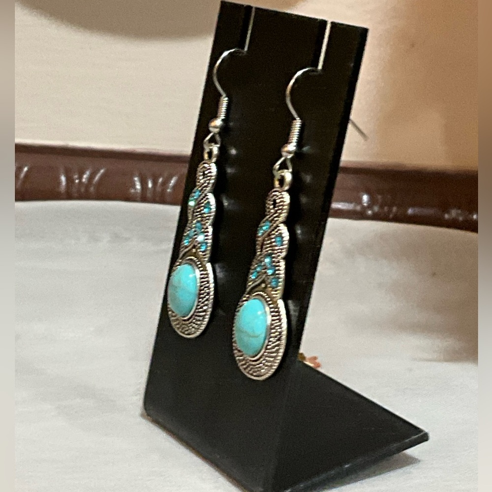 Turquoise and Silver Dangle Earrings - Picture 5 of 7